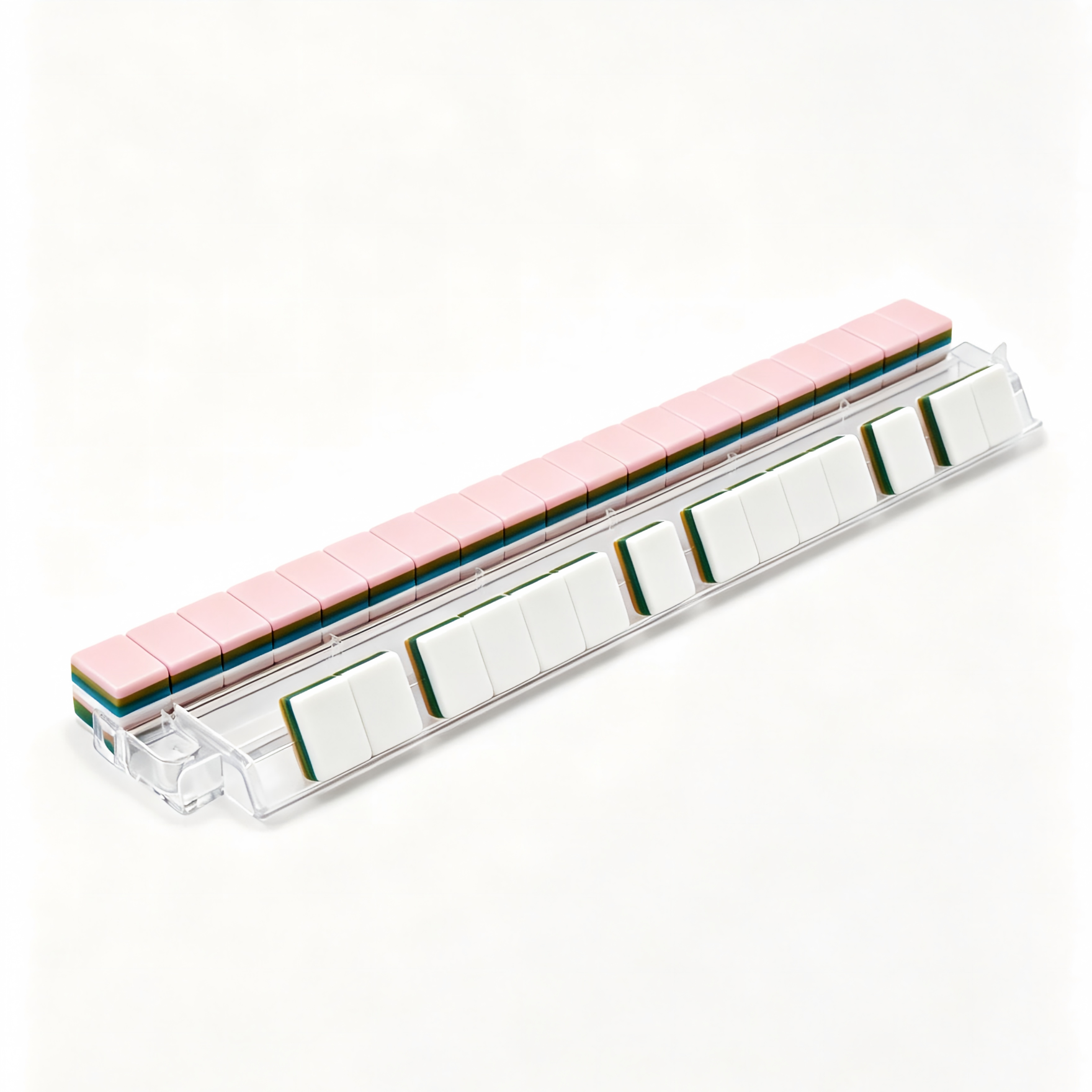 Layered mahjong tiles arranged on clear racks