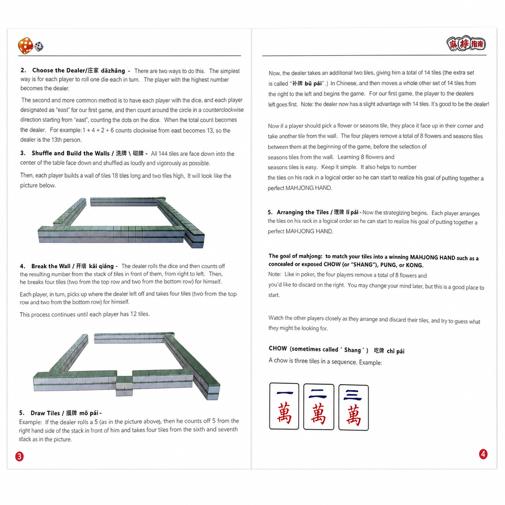 Open mahjong rulebook with diagrams